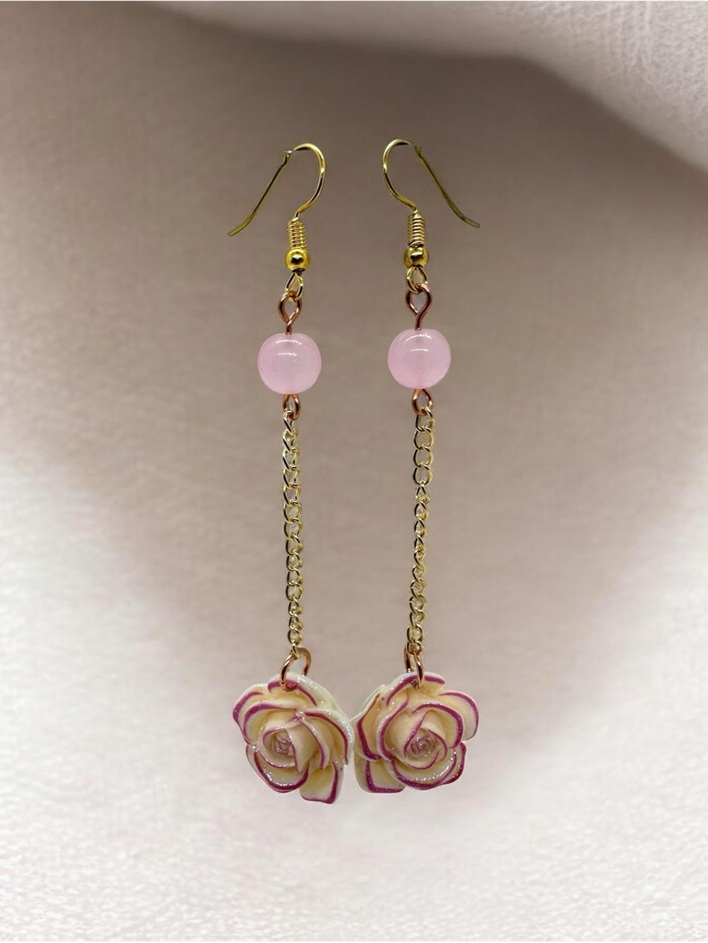 Handmade Pink Rose Dangle Earrings Gold Chain Floral Drop Jewelry